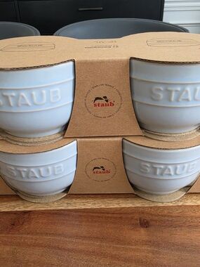 Staub Light Blue Ceramic Ramekins Set of 4 - Embossed Logo -NIB
